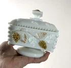 Vintage WESTMORELAND Milk Glass Hand Painted Beaded Lidded Candy Dish Gold Trim