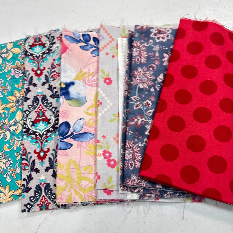 tecido acolchoado 6 pacote de quarto de gordura azul rosa amarelo vermelho pontos florais algodão - Imagem 4 de 4