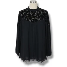 Jolt Women’s Black Long Sleeve Lace Trim Blouse - Small