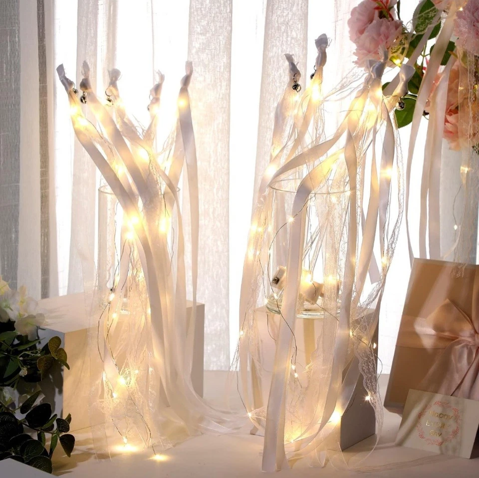 24 Pcs LED Wedding Ribbon Fairy Wands & Silver Bells - Warm White Glow - Image 3 of 4