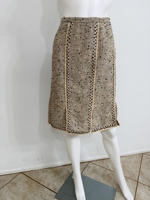 Oscar de la Renta Neutral Cotton Tweed Skirt Lots Of Details Italy Rare Sz 18