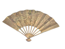 Vintage Solid Brass Oriental Style Hand Fan Raised Phoenix Dragon Wall Decor