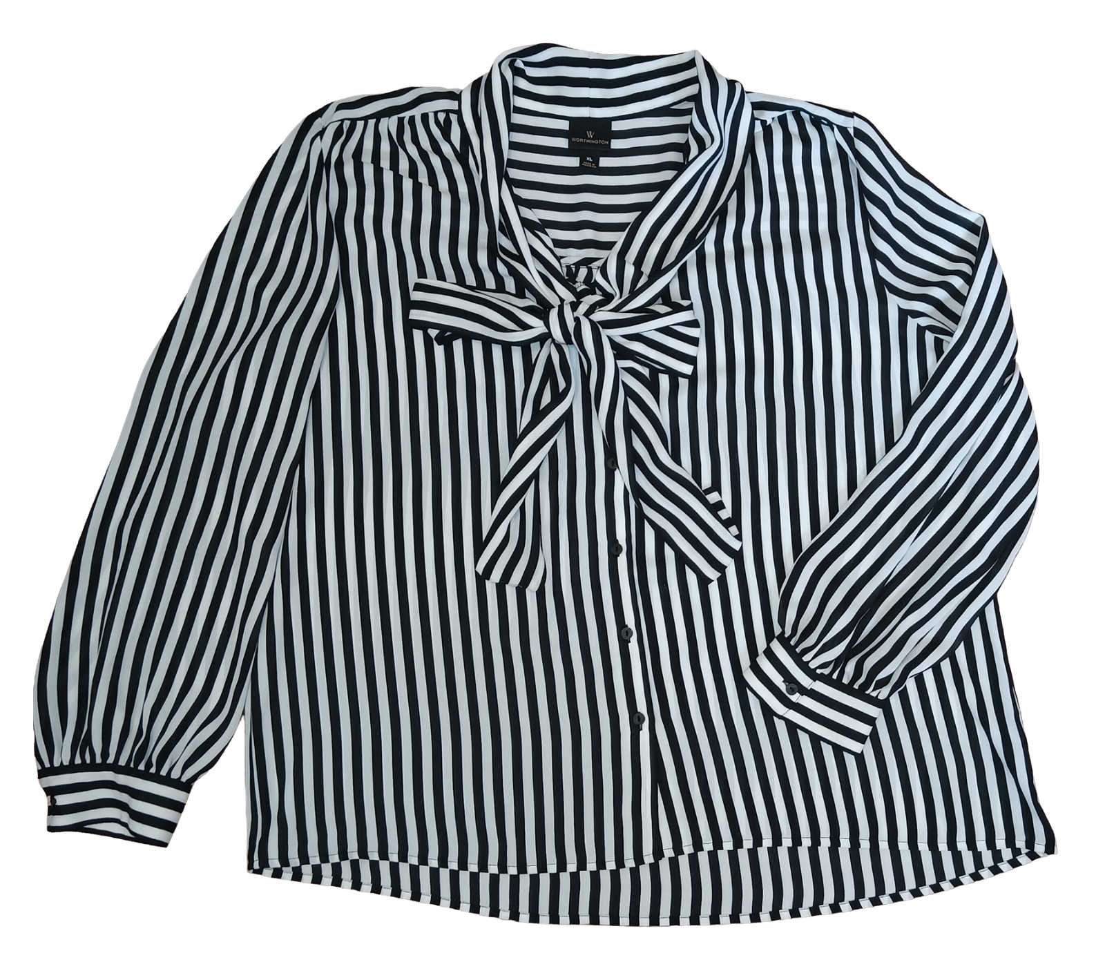 Worthington Women's Black and White Stripe Blouse w-Self-Tie Bow – Sz XL