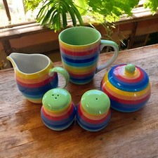 Fairtrade Rainbow striped pottery - Mug- Milk jug - Salt and pepper - Sugar bowl