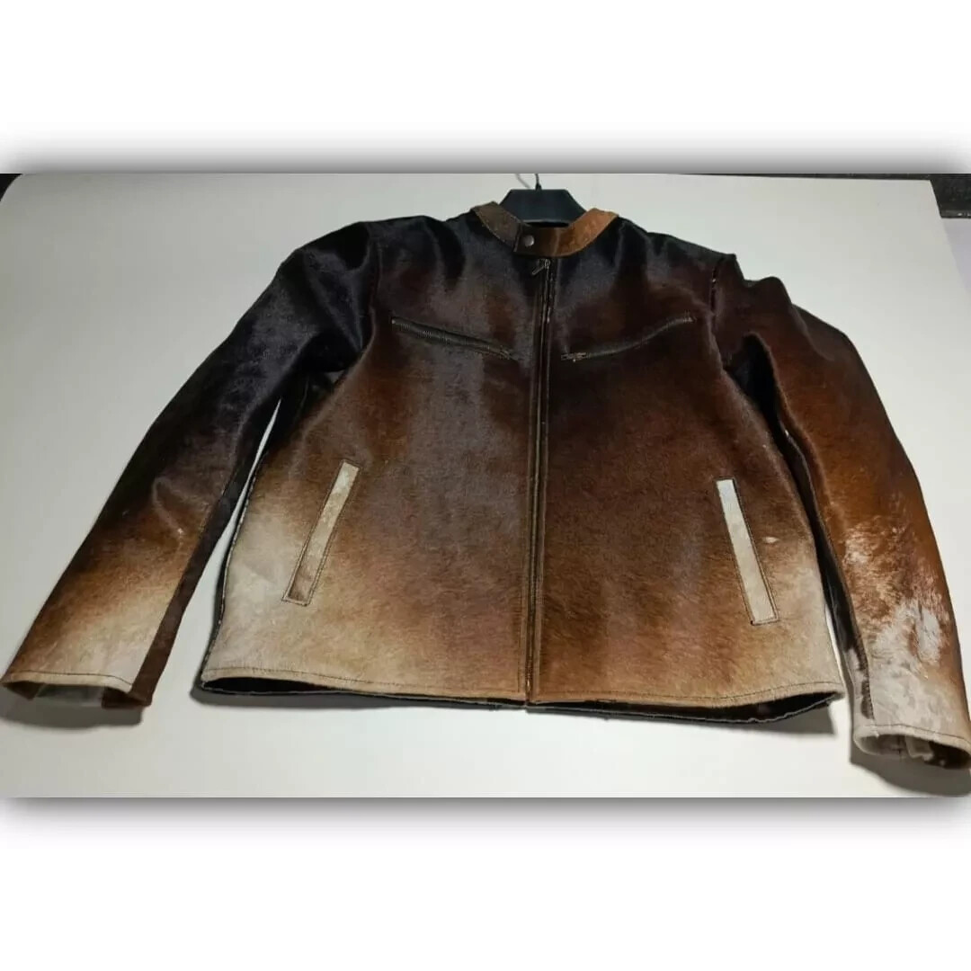 PONY Giacca uomo western in pelle di mucca con vera pelle di cavallo e cappotto stampa mucca