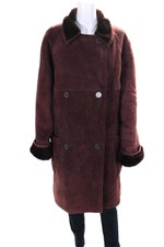 Hermes Womens Suede Shearling Double Breasted Long Coat Jacket Burgundy Size 44