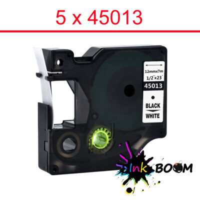 5 Label Compatible Dymo D1 45013 12mm x 7m Label Tape Black on White