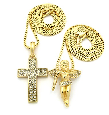 Micro Hip Hop Cross, Angel Pendant 24'',30'' Box Chain Necklace Set RC460