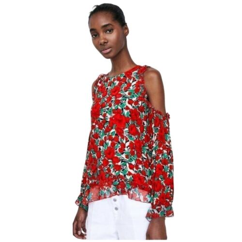 ZARA Flowers Print Daisy Blouse Top Tee Shirt Long Sleeve Off Shoulders Small