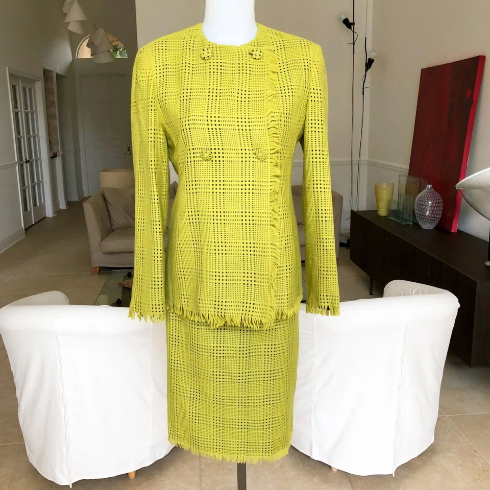 Gianni Versace 1998 verde lima cuadros lana deshilachada angora falda traje talla IT 40/42 Foto 2 de 4
