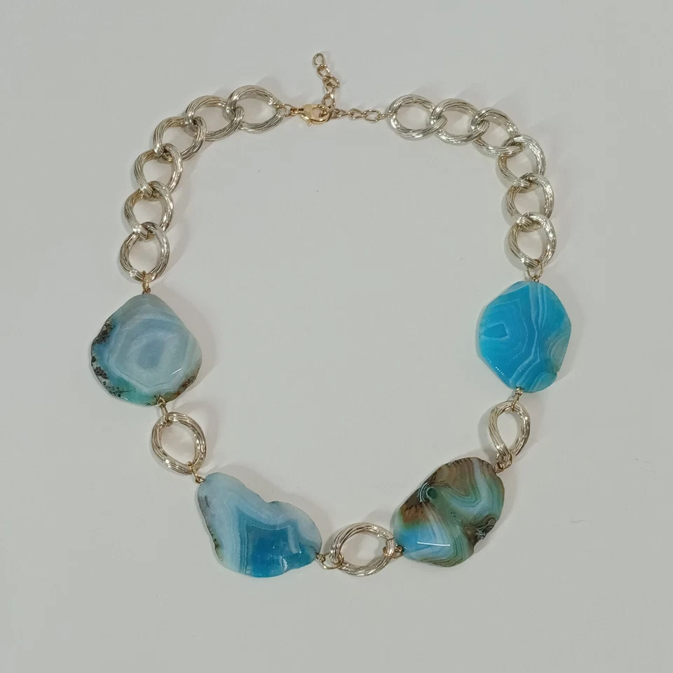 Collar Grueso Piedra Ágata Azul Tono Dorado Declaración 20" - 22" Foto 3 de 4