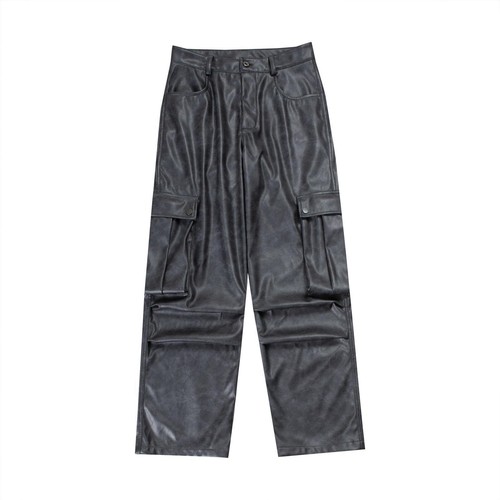 Men Casual Trousers Loose Straight Retro Wide-leg Workwear PU Leather Long Pants - Picture 18 of 19
