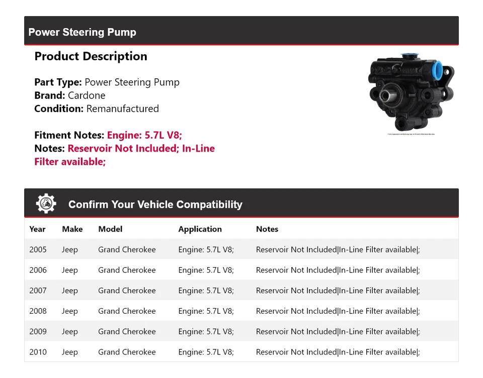 For 2005-2010 Jeep Grand Cherokee 5.7L V8 Power Steering Pump Cardone 2006 2007 - Image 2 of 4