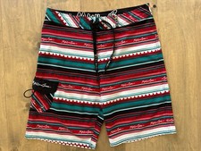Maui and Sons Red Teal Black Board Shorts Surf Swim Trunks Striped Shark Mens 32