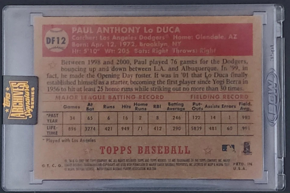 PAUL LO DUCA 2022 Topps Archives Signature Series 2007 '52 1952 AUTO 1/1 Dodgers Foto 2 de 2