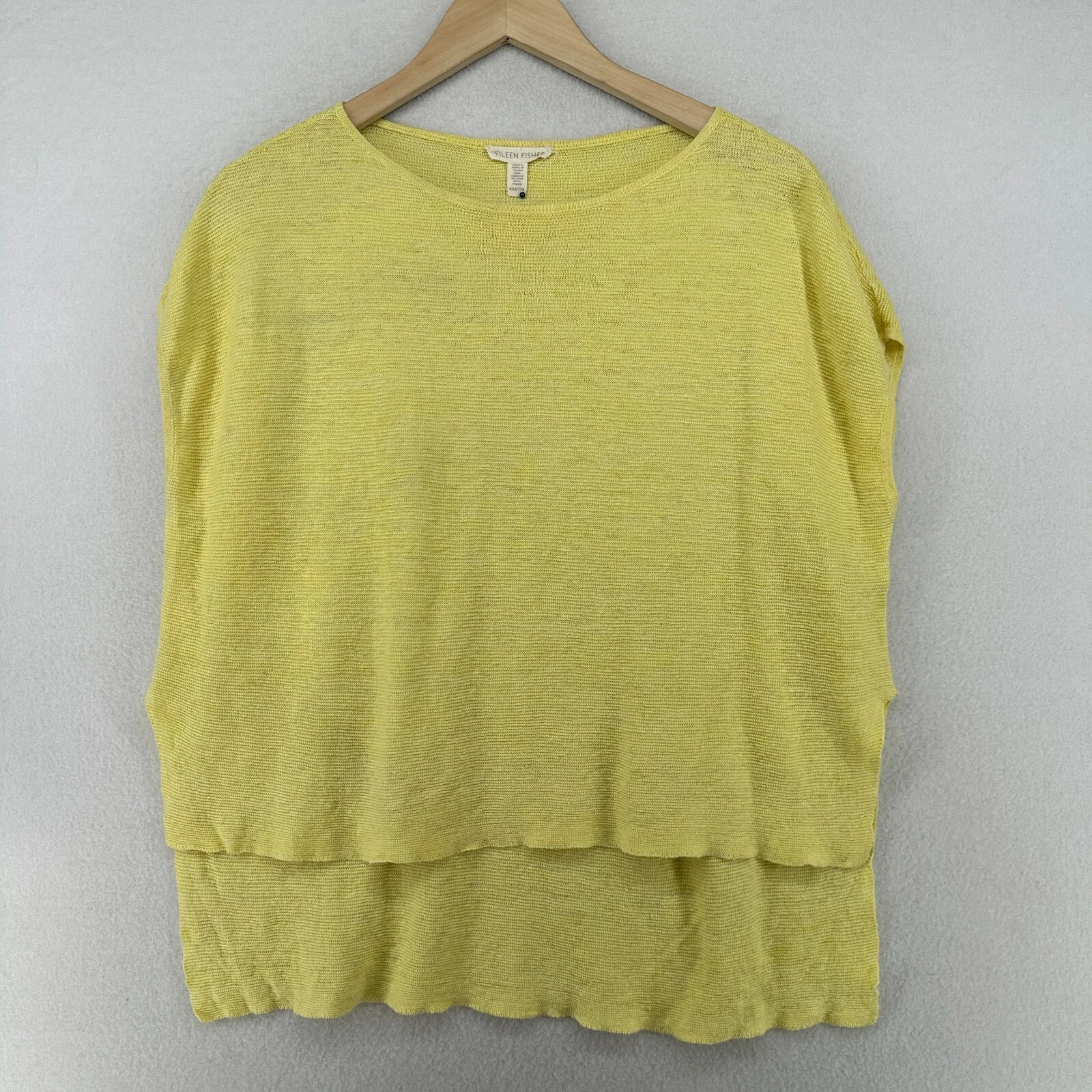 EILEEN FISHER Sweater 2XS Bateau Neck Hi-Low 100% Linen Slub Tunic Poncho Yellow