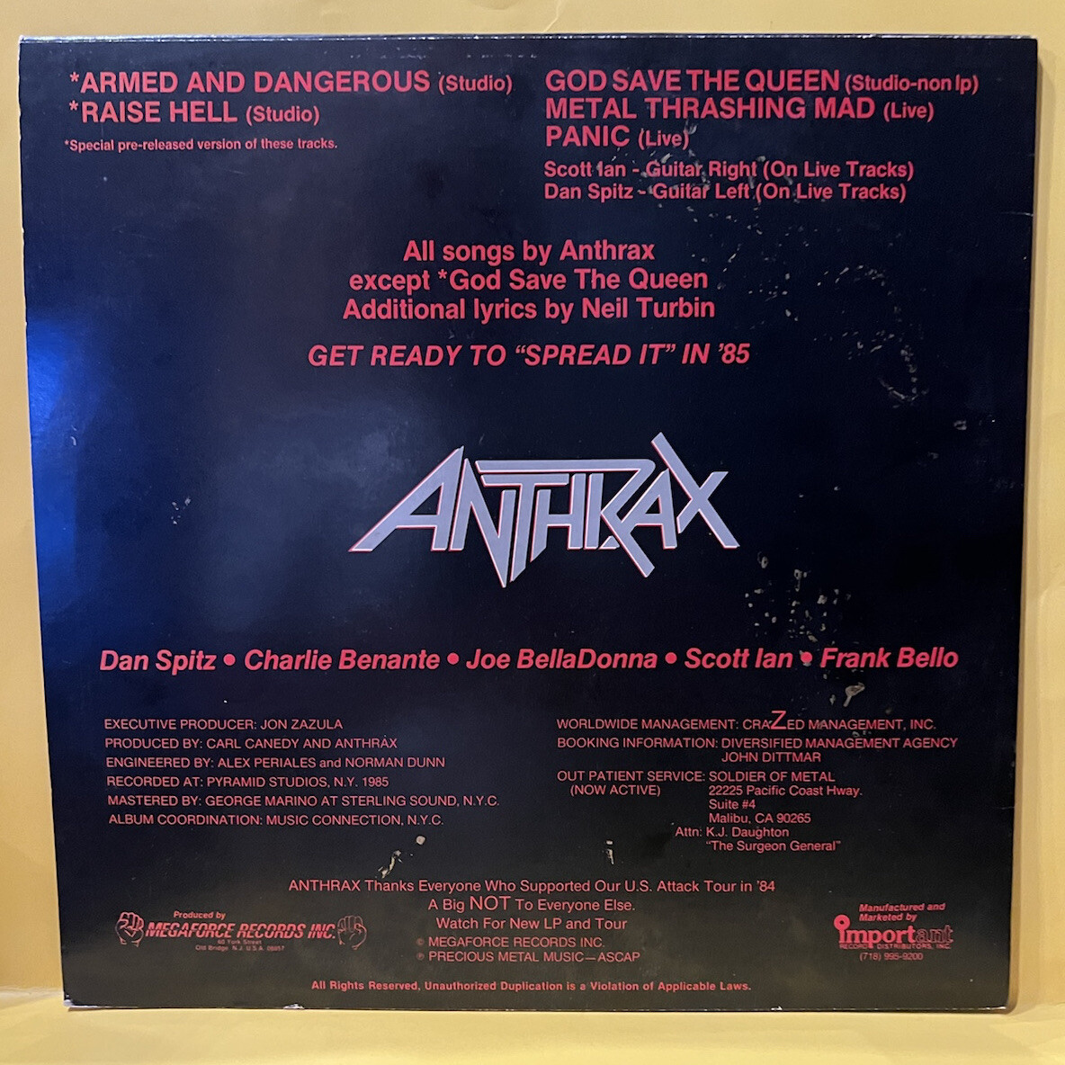 VG ++ Vinyl LP Record Anthrax Armed and Dangerous Autographed by