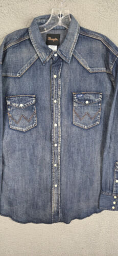 Wrangler Denim Pearl Snap Shirt Men XL BLue Dark Cowboy Cut Western Blue NWT