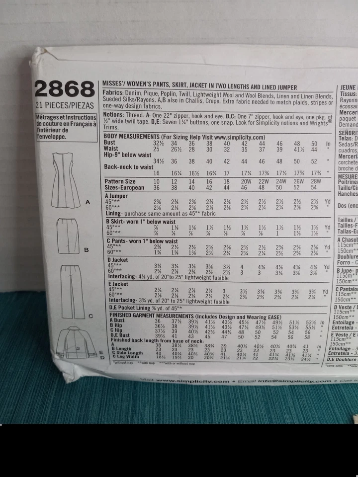 2868 Simplicity Sewing Pattern. Misses pants, skirt, jacket & jumper. Sz 10-18 - Image 3 of 3