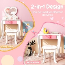 2-in-1 Kids Vanity Set Pretend Makeup Table and Chair Set w/ Heart-shaped Mirror
