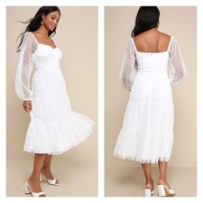 Lulus Affectionate Aura White Swiss Dot Tiered Bustier Midi Dress Medium