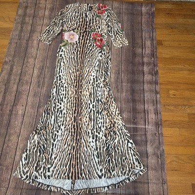 NK32 Naeem Khan Animal Print Floral Embroidered Dress Womens L Maximalist