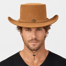 Cognac Suede Leather Wide Brim Cowboy Hat Western Outback Unisex S-2XL
