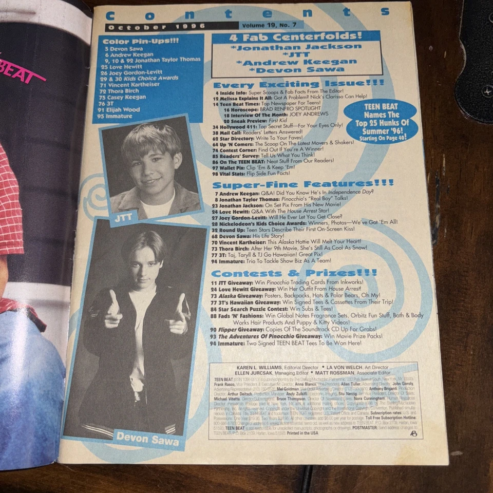 TEEN BEAT MAGAZINE ,OCTOBER ,1996, Centerfold J. Taylor Thomas - Image 4 of 4