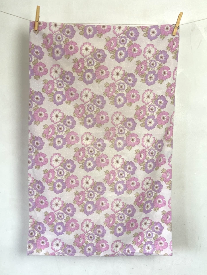 Vintage Cotton Pillowcase White Purple Retro Florals 1970s Camper Caravan - Image 2 of 4