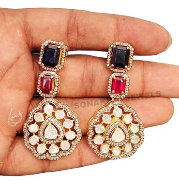 Handmade Kyanite Ruby Diamond Earrings: Sterling Silver Polki Dangle Earrings