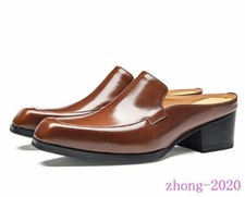 Men's Real Leather Dress Casual Party Mules Slip on Low Heel Square Toe Slippers