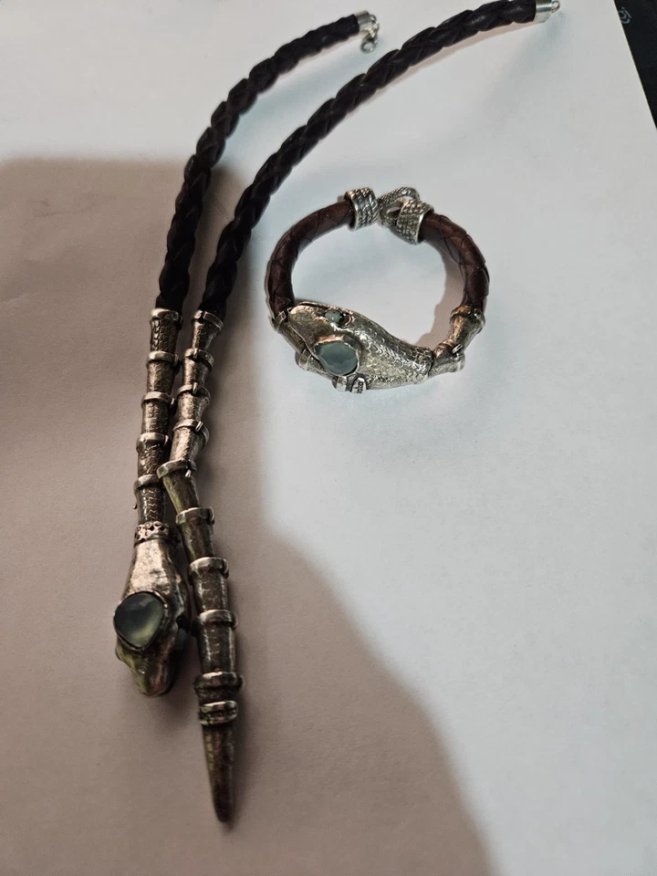 BARAKA vintage collana bracciale serpenti pelle intrecciata argento calcedonio - Immagine 2 di 4