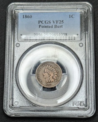 1860 Indian Head Cent Penny PCGS VF25 Pointed Bust