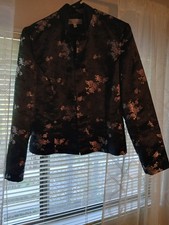 VTG Dress Barn Asian Style Black w/Soft White Floral Satin Jacket SZ M