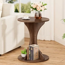 Round Side End Table - Wood Accent Coffee Table for Living Room, Rustic Brown