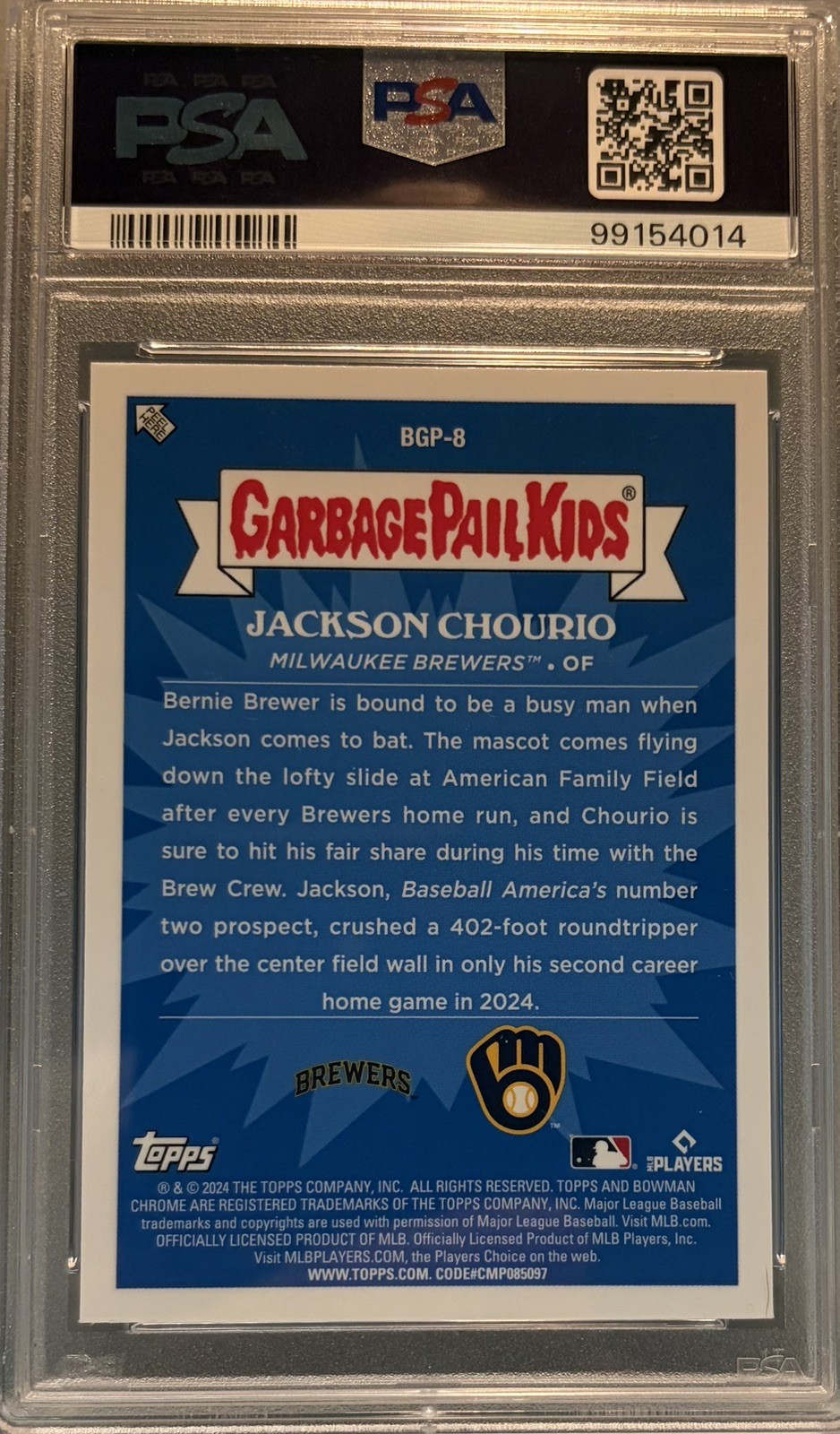 2024 BOWMAN CHROME MILWAUKEE BREWERS JACKSON CHOURIO RC GARBAGE PAIL KIDS PSA 10 view 2