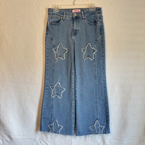 TRTR Raw Hem Star Patch Wide Leg Jeans Light Wash Denim Women's Size 5 Y2K