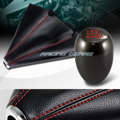 JDM PVC LEATHER MANUAL MT RED STITCH SHIFT BOOT+TR GUNMETAL 6-SPEED SHIFTER KNOB
