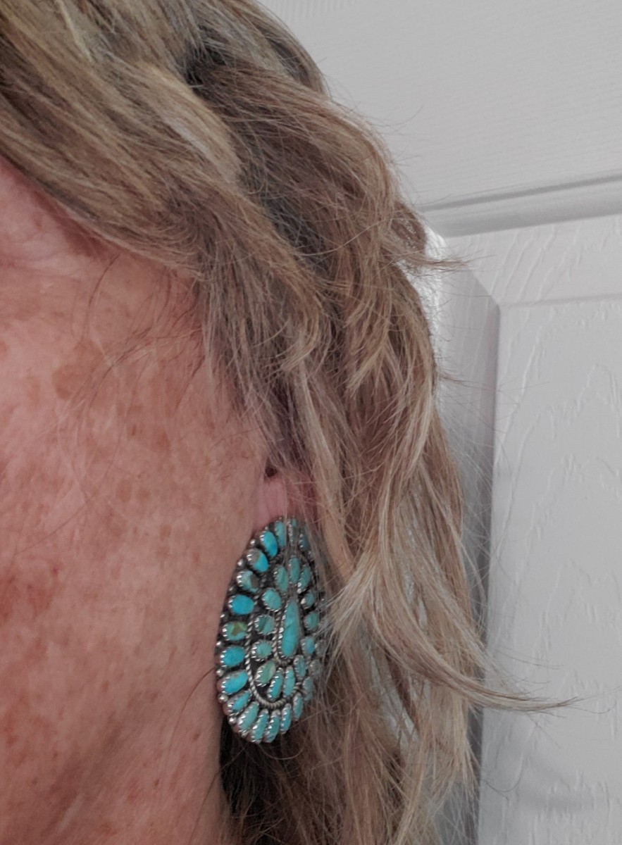 Navajo Sterling Silver and Turquoise Large Cluster Earrings By