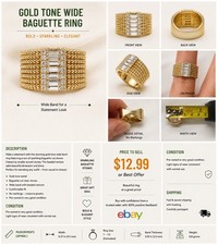 Gold Tone Wide Baguette Glass Ring Costume Je...