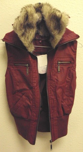 TRENDY FASHION PU LEATHER FAUX FUR COLLAR JUNIOR VEST JACKET COAT BURGUNDY BLOOD - Picture 1 of 6