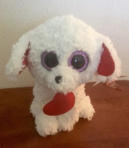 TY BIG EYED "HONEY BUN" 9" WHITE DOG PLUSH ANIMAL WITH RED ...
