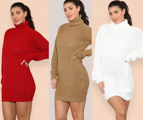 H.O.S Womens Polo Roll Neck Oversized Ribbed Knitted Florescent Jumper Dress - Picture 23 of 25