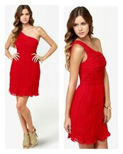 BB Dakota Lewiston Dress Scarlet Red Ruched Flirty Pleats One Shoulder 0 NWT