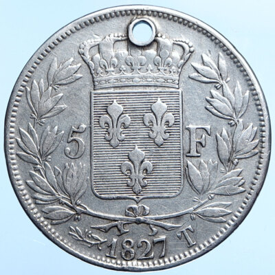 1827 T FRANCE King Charles X OLD Authentic Silver 5 Francs French