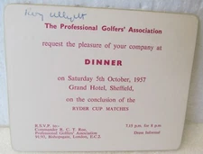 1957 RYDER CUP INVITATION TO THE DINNER AT THE CONCLUSION OF THE MATCHES