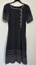 Vintage Handmade Black White Polka Dot Contrast Piping Detail Drop Waist Dress