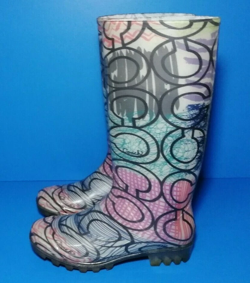 Coach Poppy Wellies Rain Boots Multi Color Signature C Pull On Women s Size 5