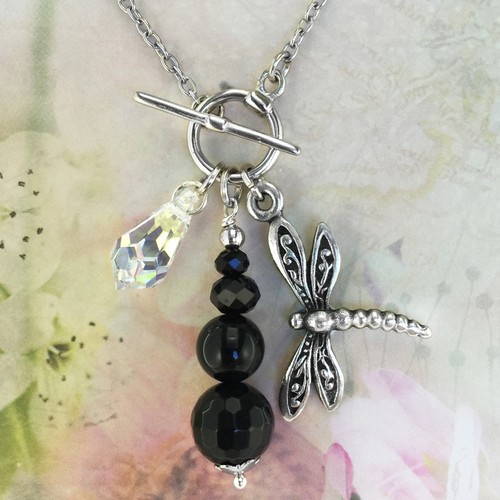 T-Bar Necklace – Dragonfly Charm, Black 
