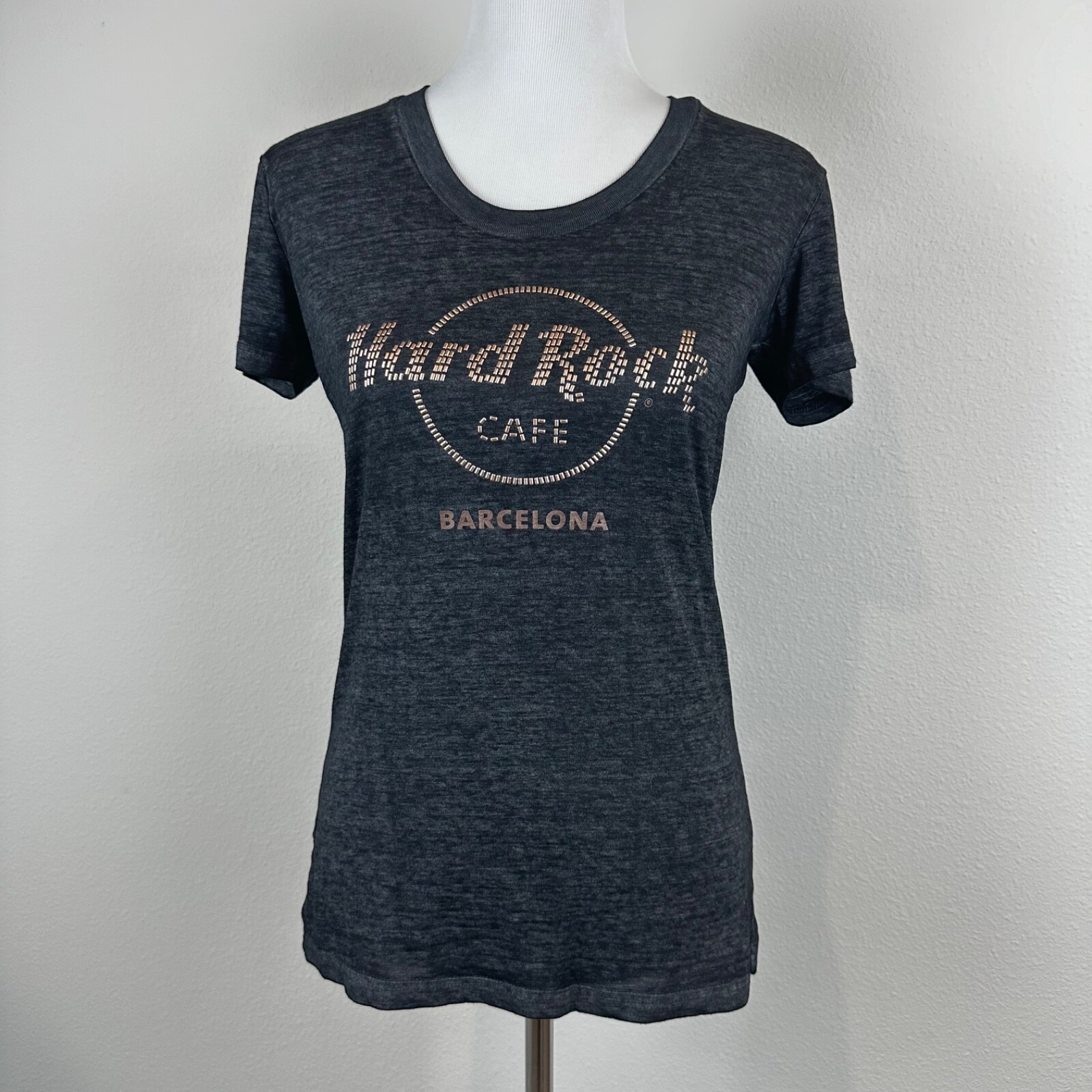 Hard Rock Cafe Barcelona Embellished, Black, Burn Out T Shirt Size Medium